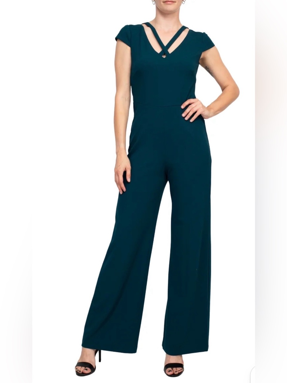 Connected Apparel Teal V-Neck Wide Leg Crepe Jumpsuit Size 10 NWOT